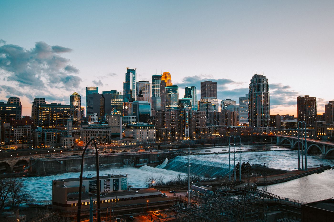 Minneapolis skyline and the Mississippi River at dusk